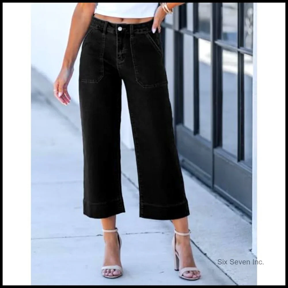High Waisted Wide Leg Cropped Jeans Stretchy Denim Trendy Y2K Oversized